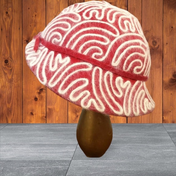 VINTAGE Wool Angora Bucket Hat Gatsby Flapper Costume Grandma Core Red Embroider - Picture 1 of 16